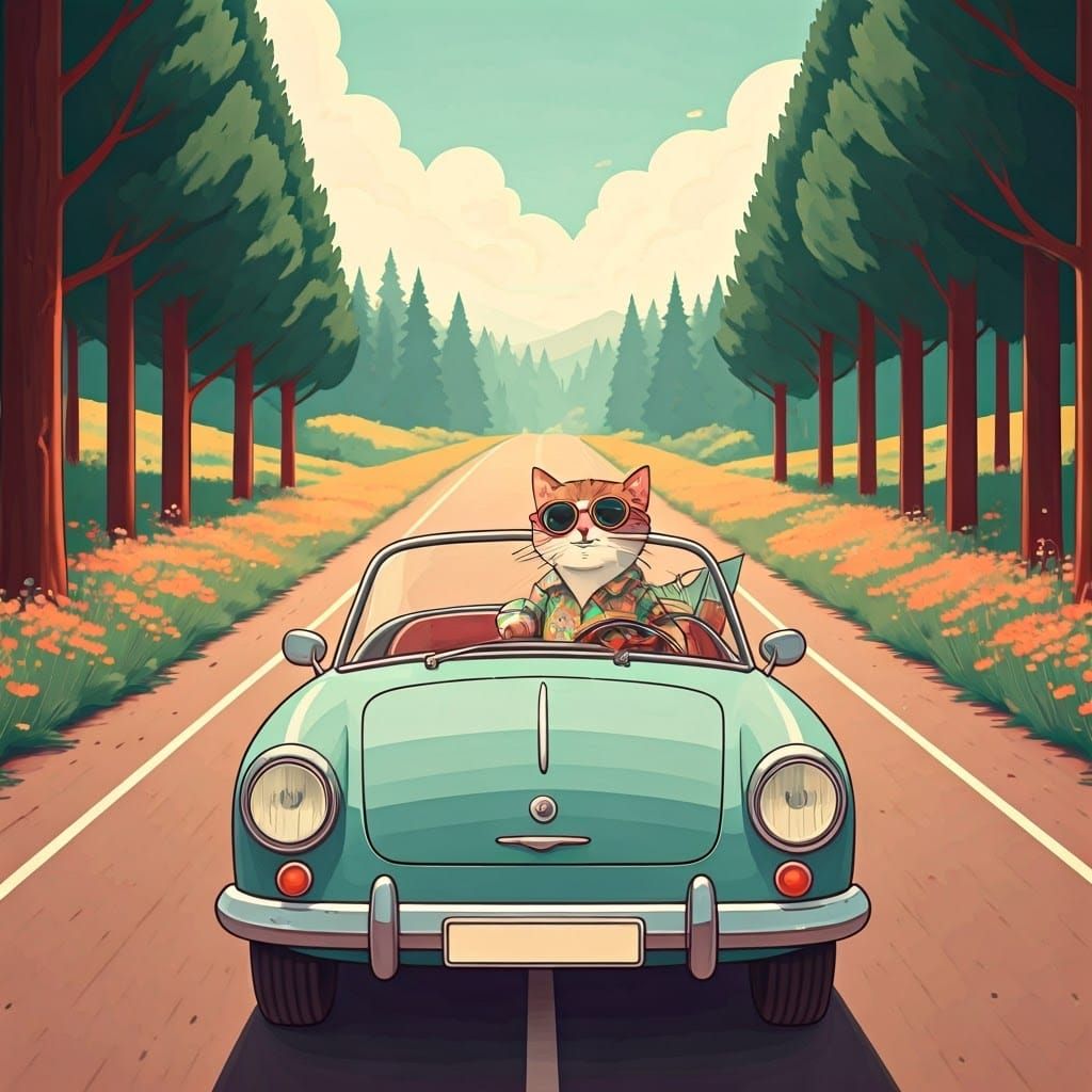 Whimsical Road Trip Cat in Vintage Convertible