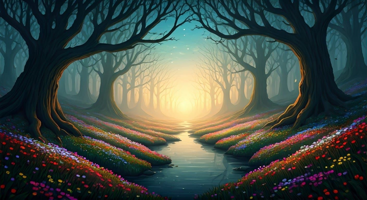 Misty Forest Clearing at Dawn with Swirling Sky