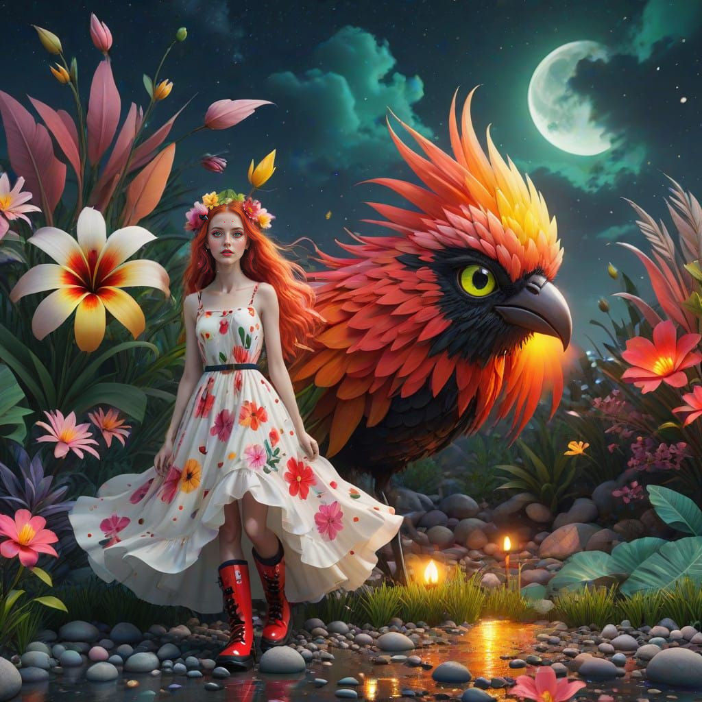 Ethereal Woman with Majestic Avian Companion in Whimsical Ni...