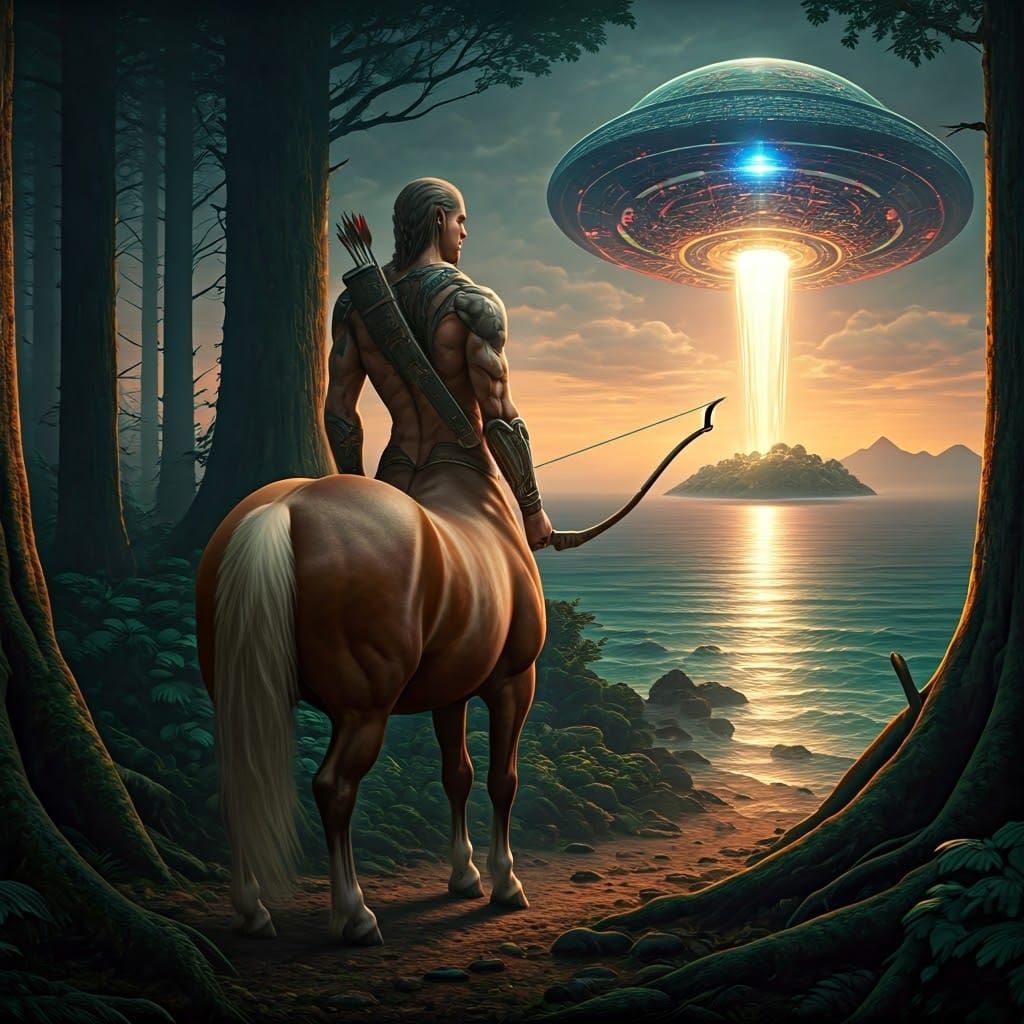 Renaissance Centaur and Alien Spaceship in Hyperrealism