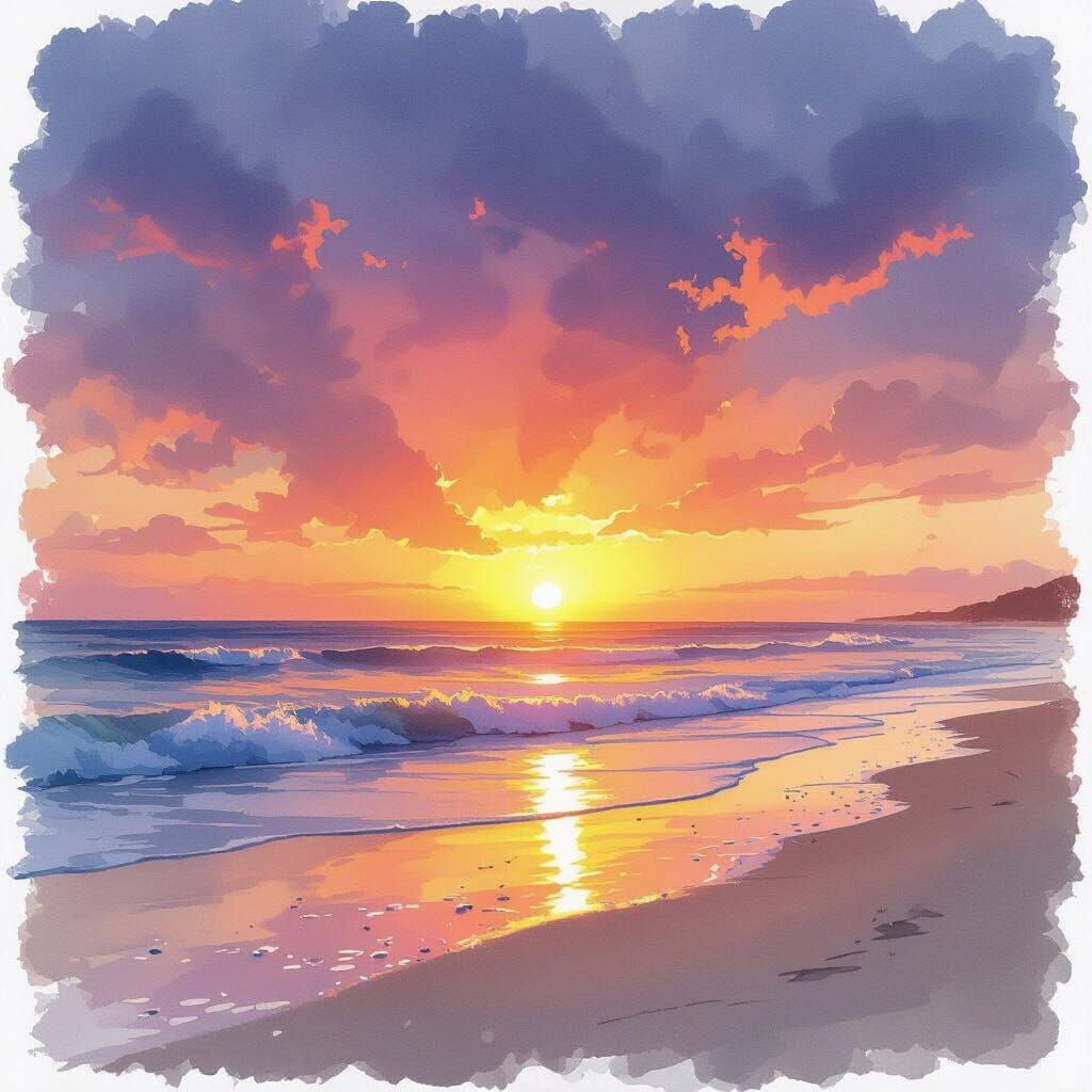 Serene Beach Sunrise in Expressive Watercolor Style