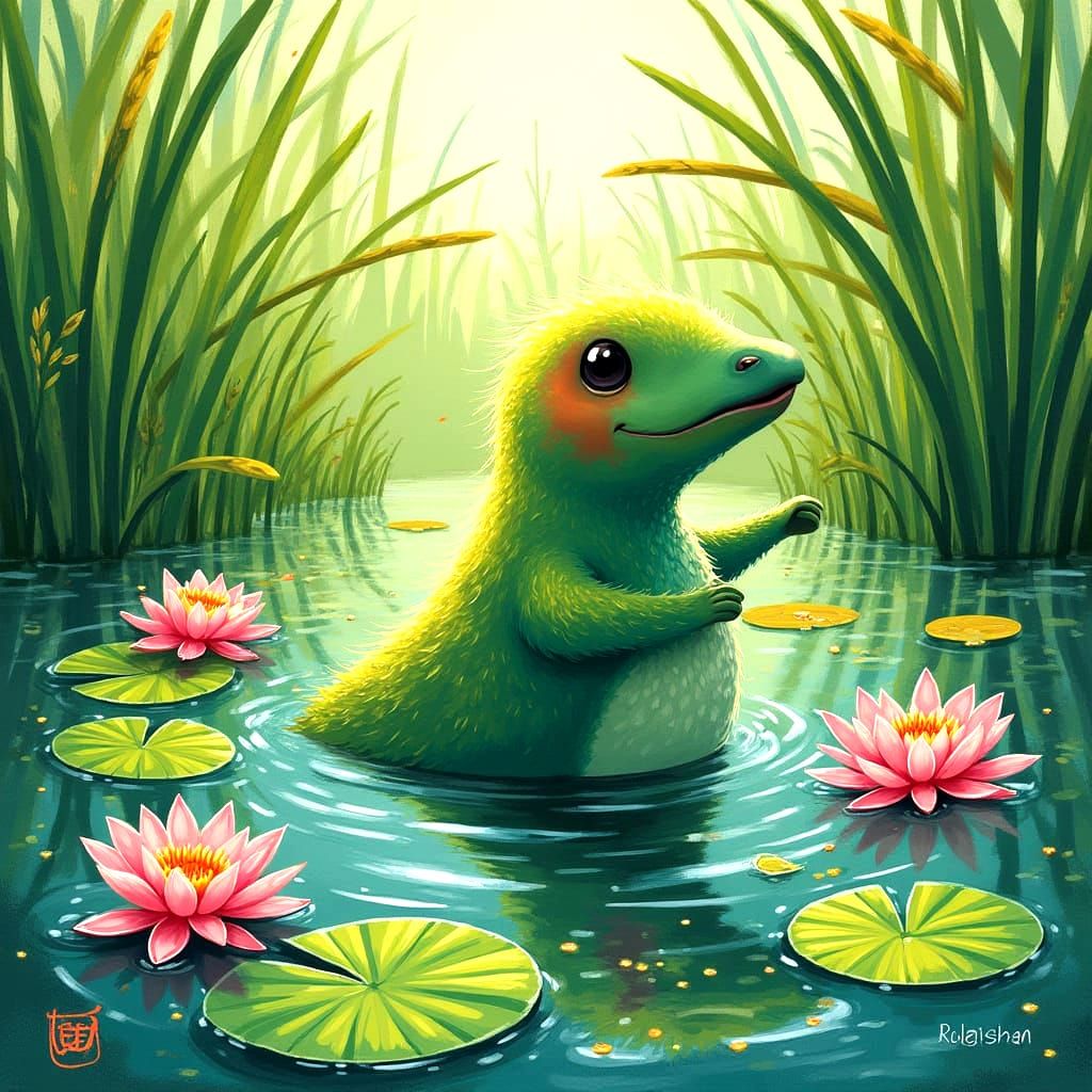 Capybara in Lush Wetland, Vibrant Digital Art