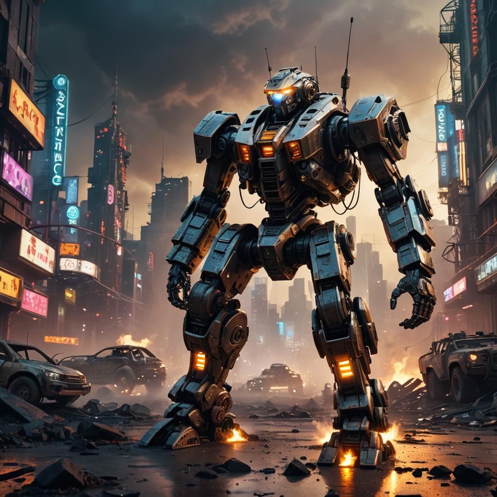 Futuristic War Robot in Dystopian Cityscape