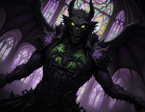 Grotesque Gargoyle Lurking in Surreal Stained Glass Scene