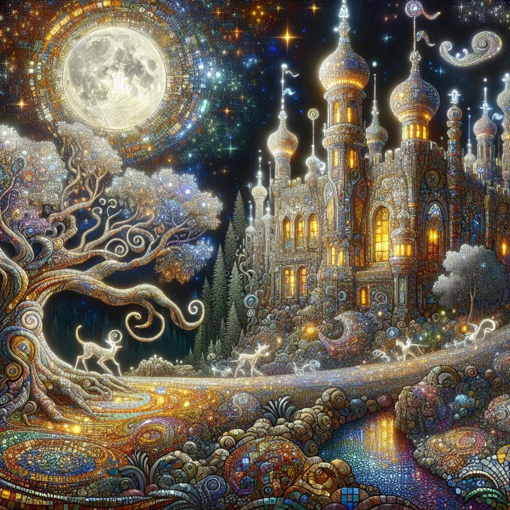 Moonlit Castle in Whimsical Art Nouveau Style