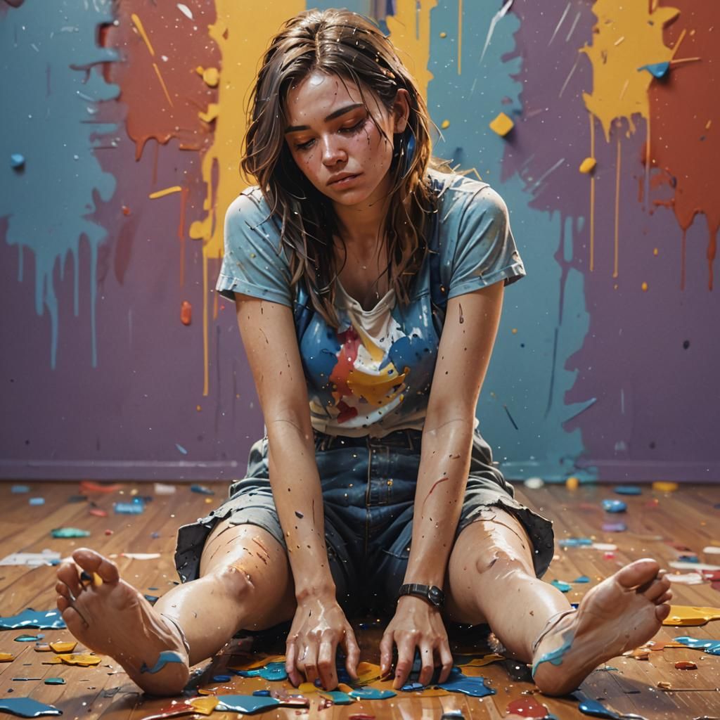 Tired Woman: Hyperrealistic Splash Art Portrait