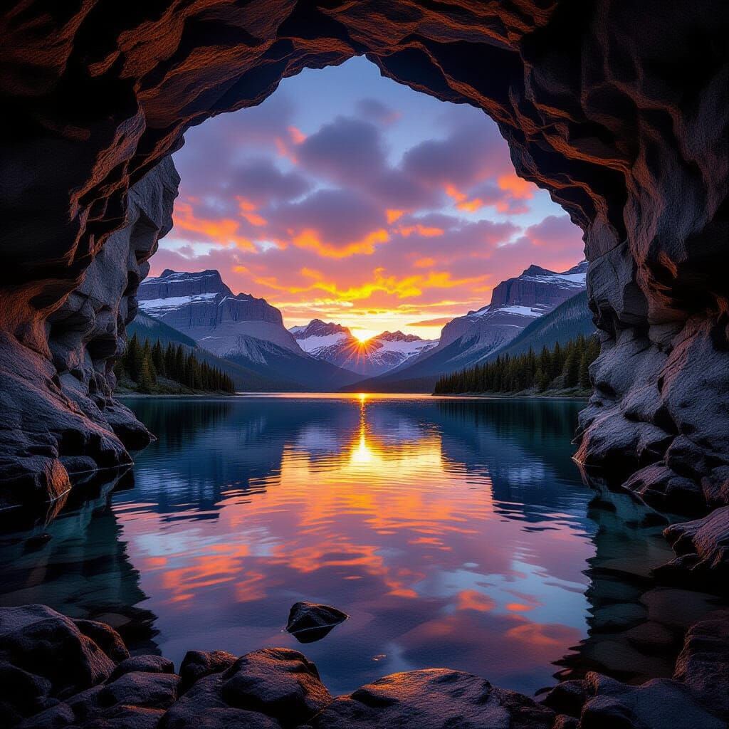 Mountain Lake Sunset Through Cave Archway