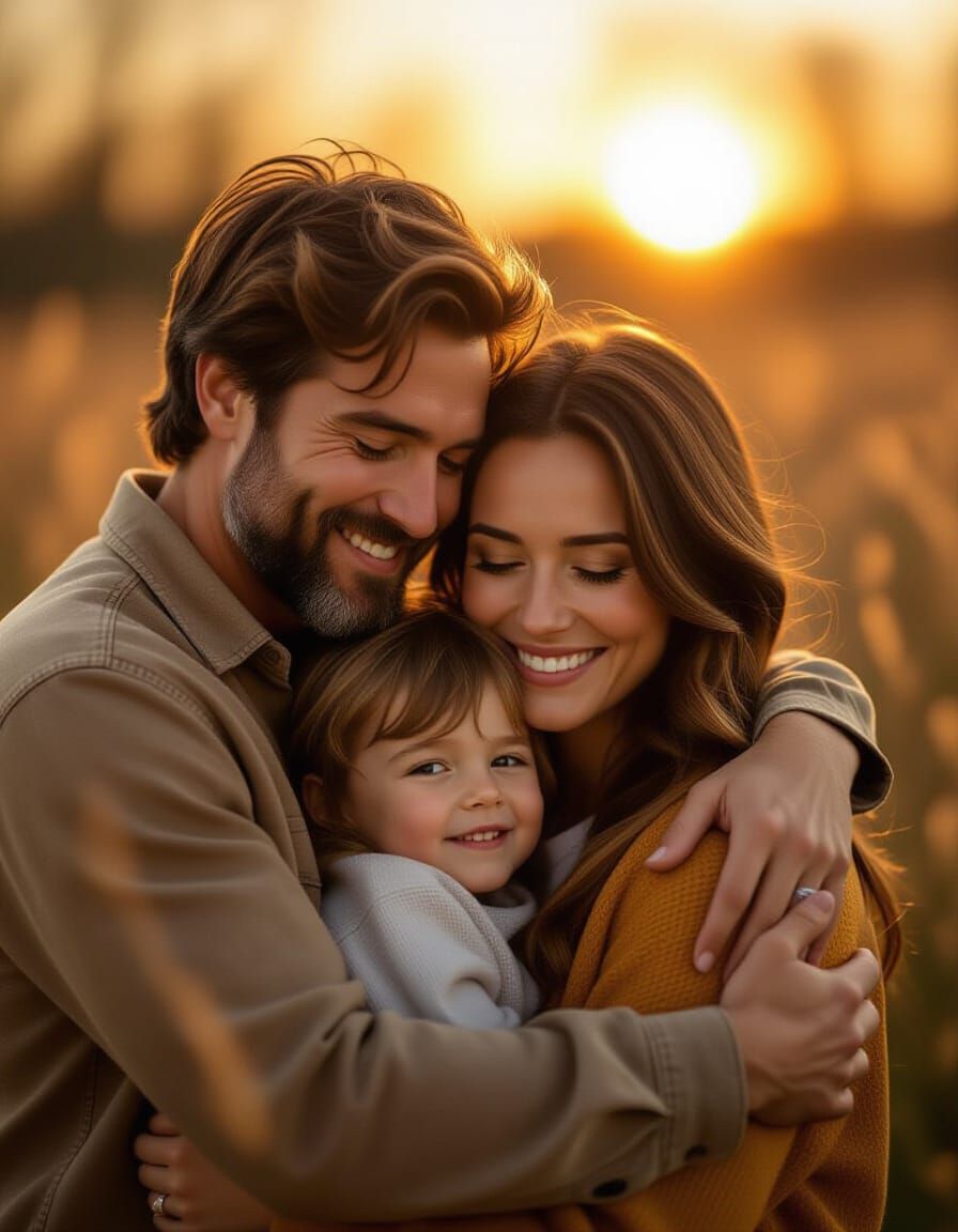 Joyful Family Embracing in Warm Golden Light