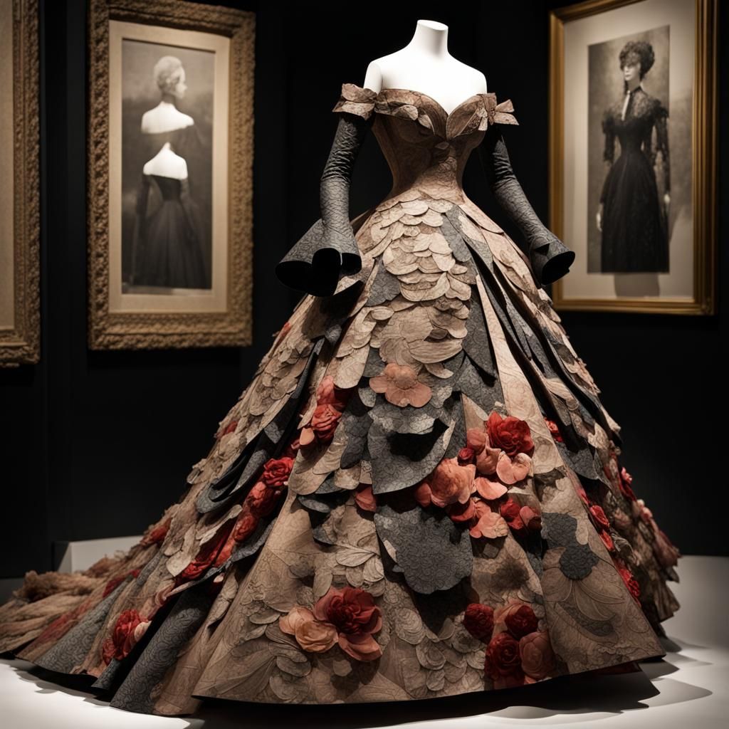 Paper Collage Ball Gown on a (Armless Mannequin, 1:1) : (-Hands) : Alexander McQueen Gothic Fashion : Tea Gown made with...