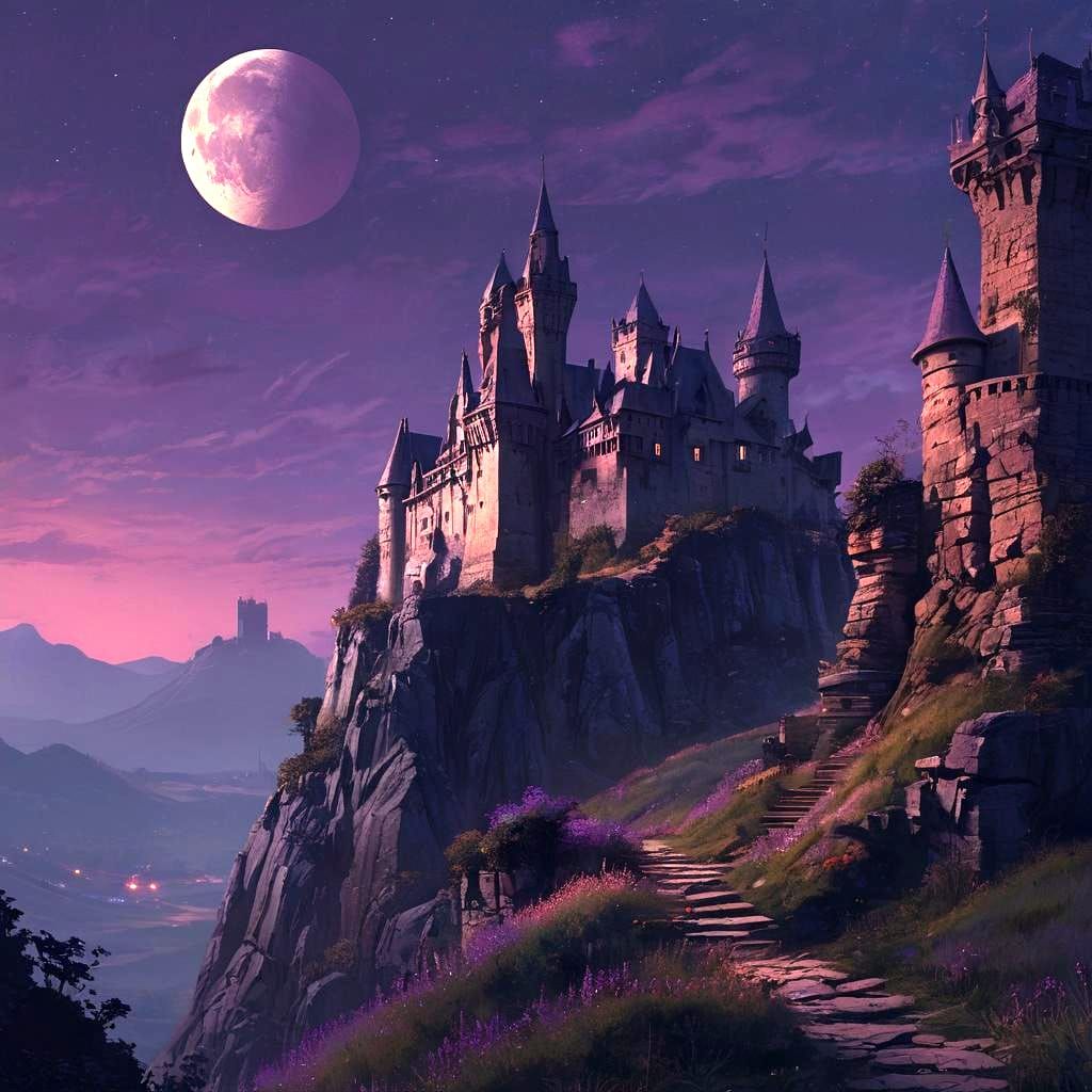 Medieval Castle Under Enormous Purple Moon