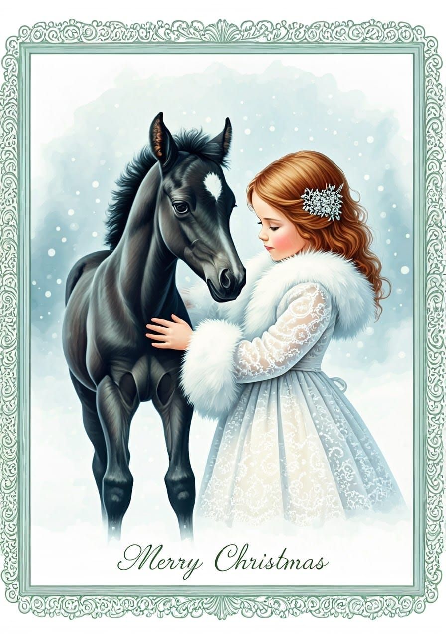 Whimsical Holiday Scene with Little Girl and Black Foal in V...