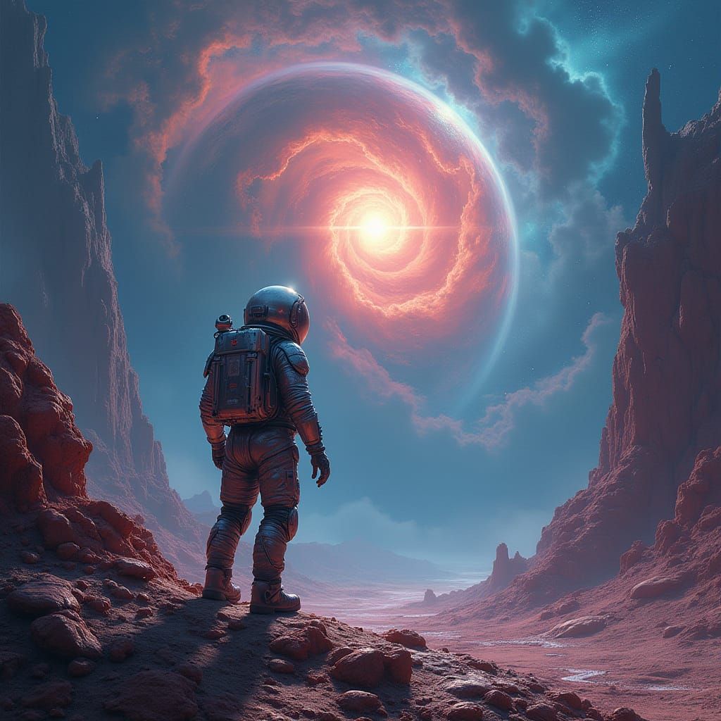 Astronaut Gazing at Nebula on Alien Planet