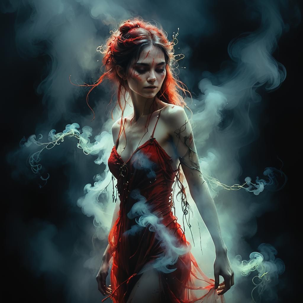 Ethereal Woman in Red: a Dark Fantasy Portrait