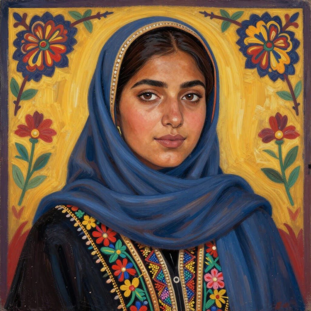 Proud Afghan Woman in Embroidered Hijab, Gaugin Style