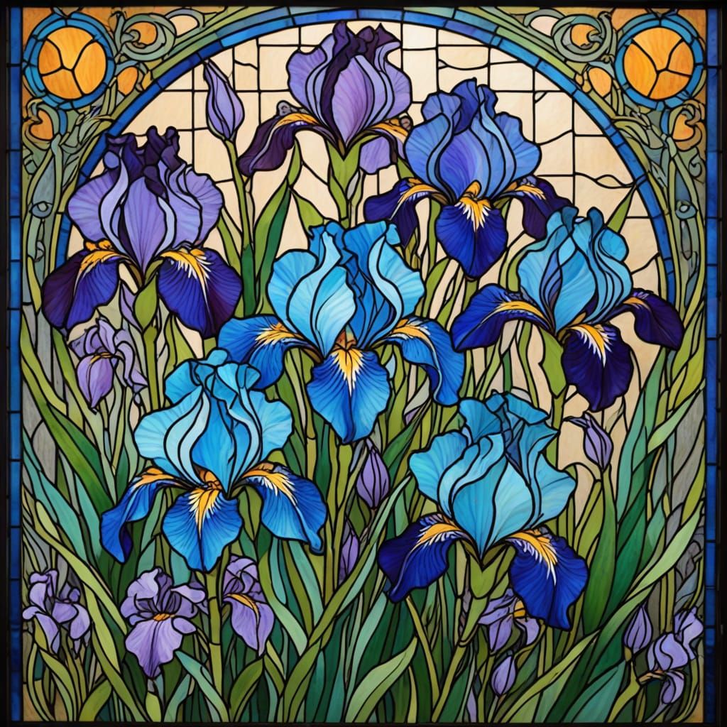 Art Nouveau Irises in Stained Glass