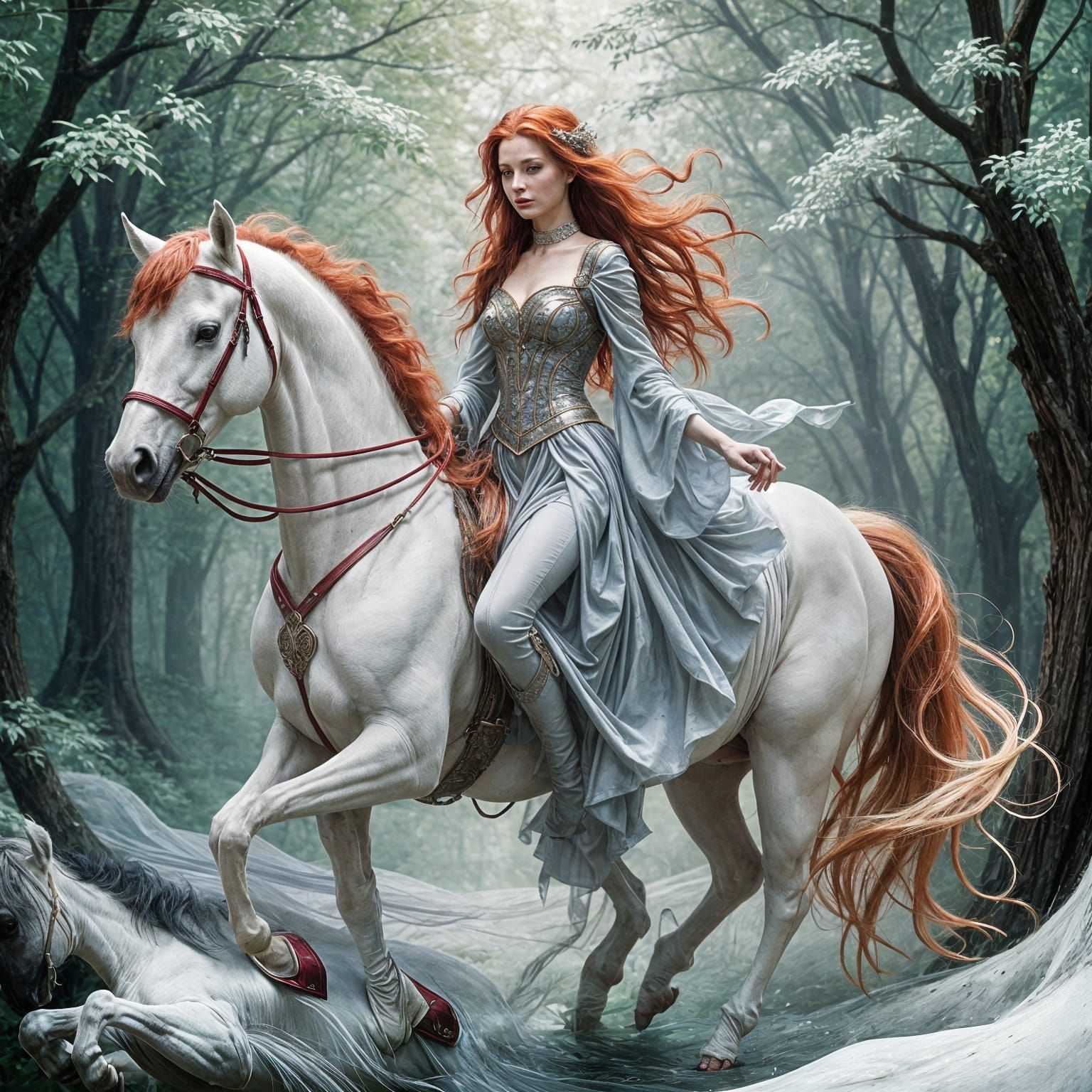 Ethereal Elven Maiden Rides Majestic Snow-White Steed in Dre...