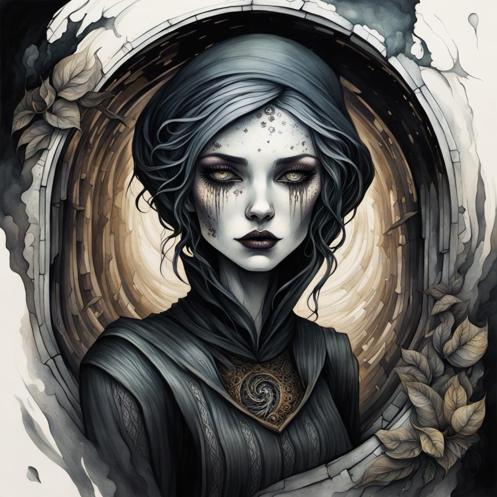 Goth Punk Girl Lost: Liquid Ink Watercolor