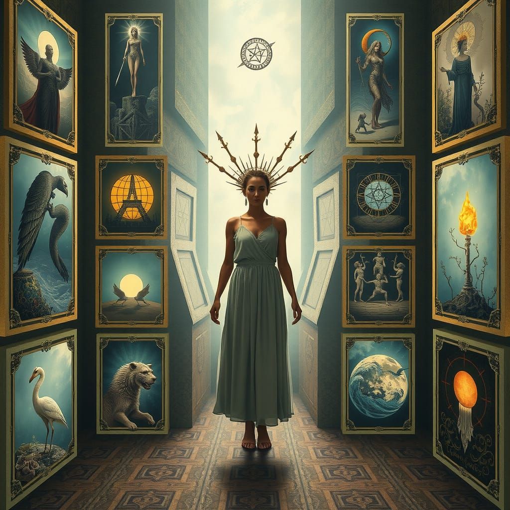 Woman in Self-Revelation Room with Symbolic Cards