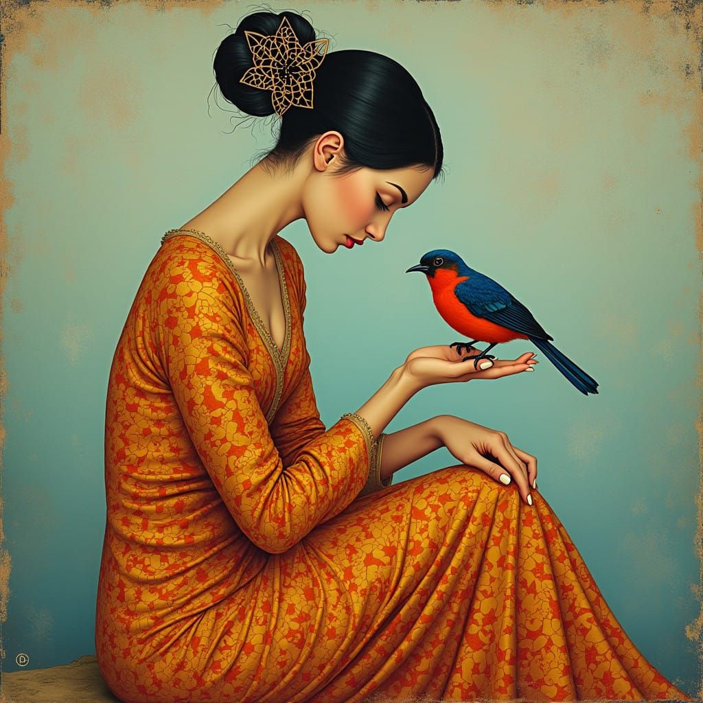 Woman in Profile with Elegant Bun and Vibrant Tunic