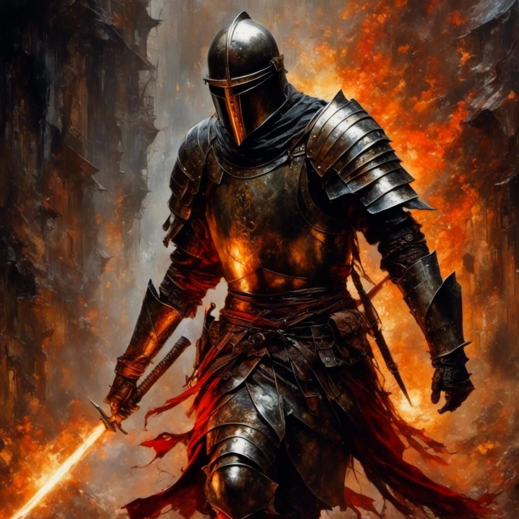 Grimdark Knight in Burning Landscape