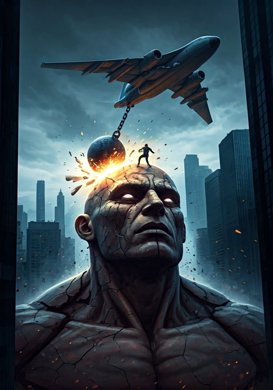 Wrecking Ball Strikes Giant Face in Cityscape