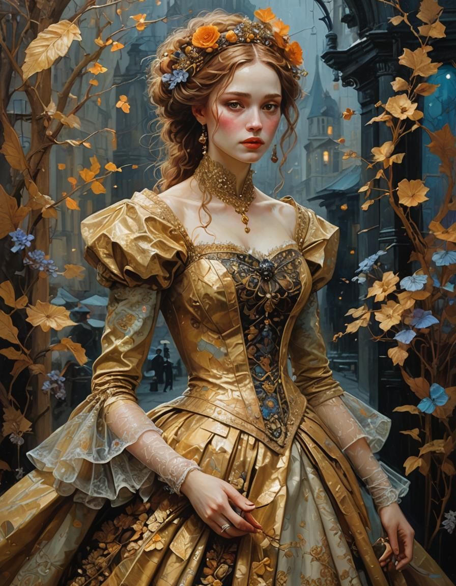 Neo-Victorian Girl in Gown, Detailed Digital Painting
