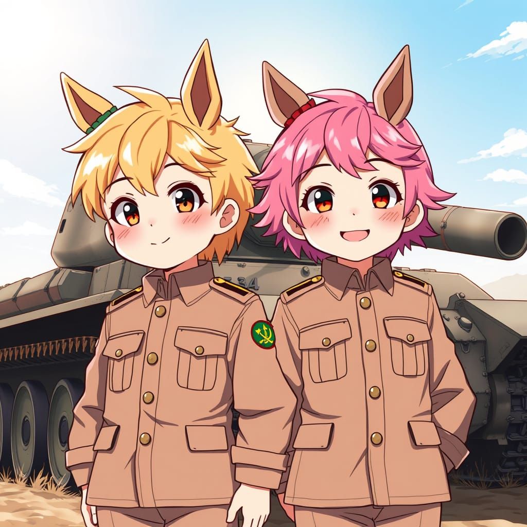 Adorable Boys with Horse Ears Stand Proud Beside T-34 Tank i...