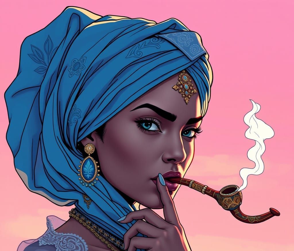 Dark Fantasy Woman in Blue Turban Smokes Pipe