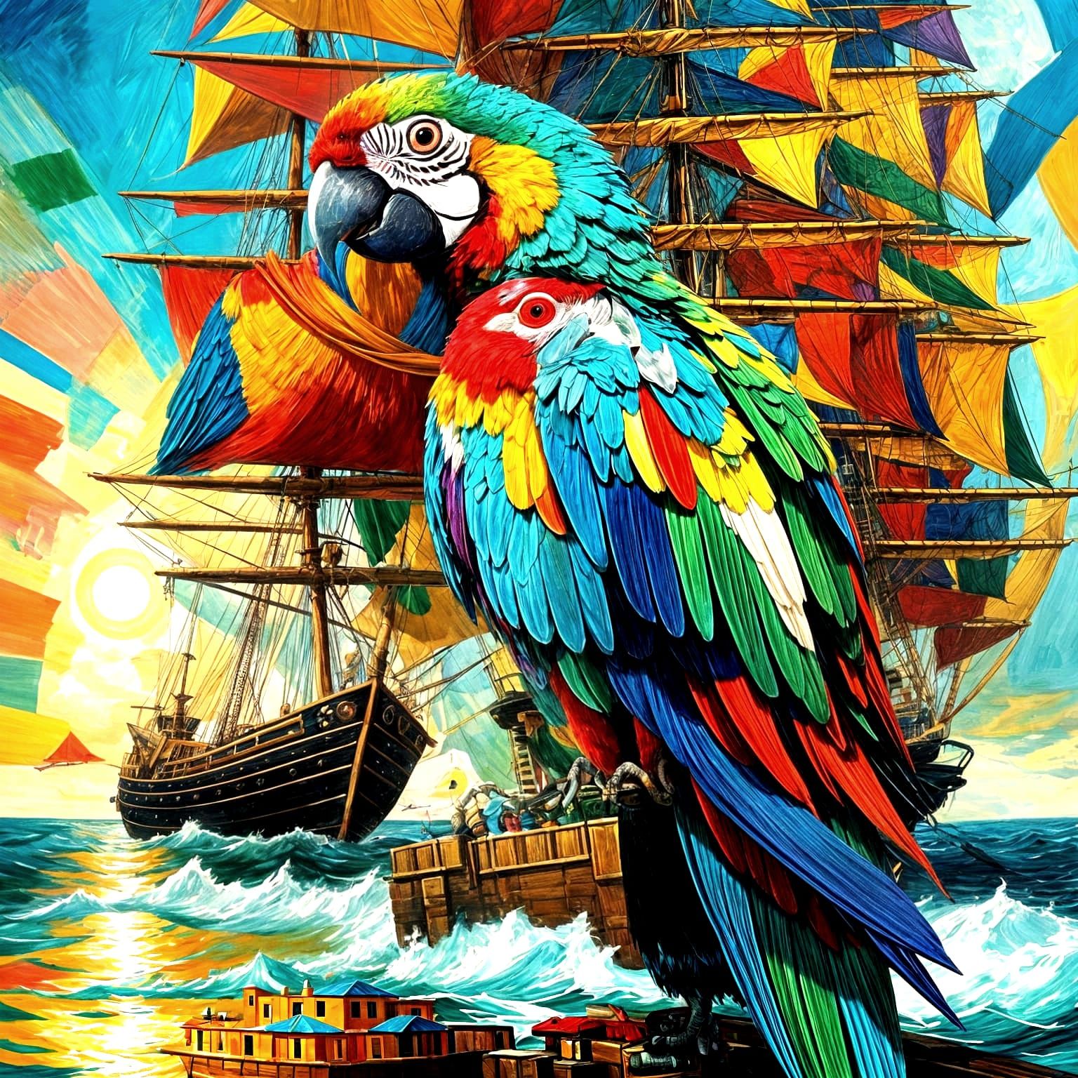 Cubist Parrot with Pirate Ship on the Ocean