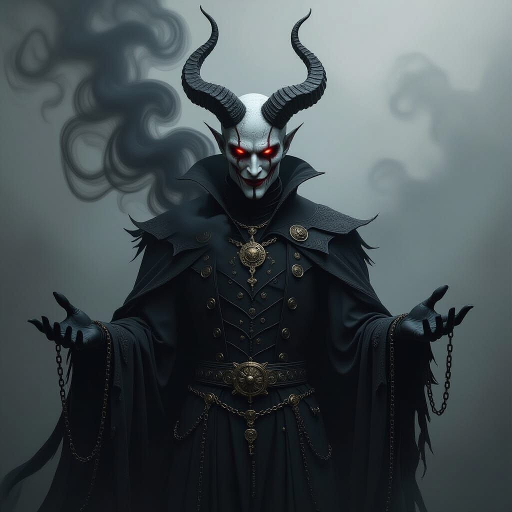 Demonic Figure in Smoke with Cracked Porcelain Mask