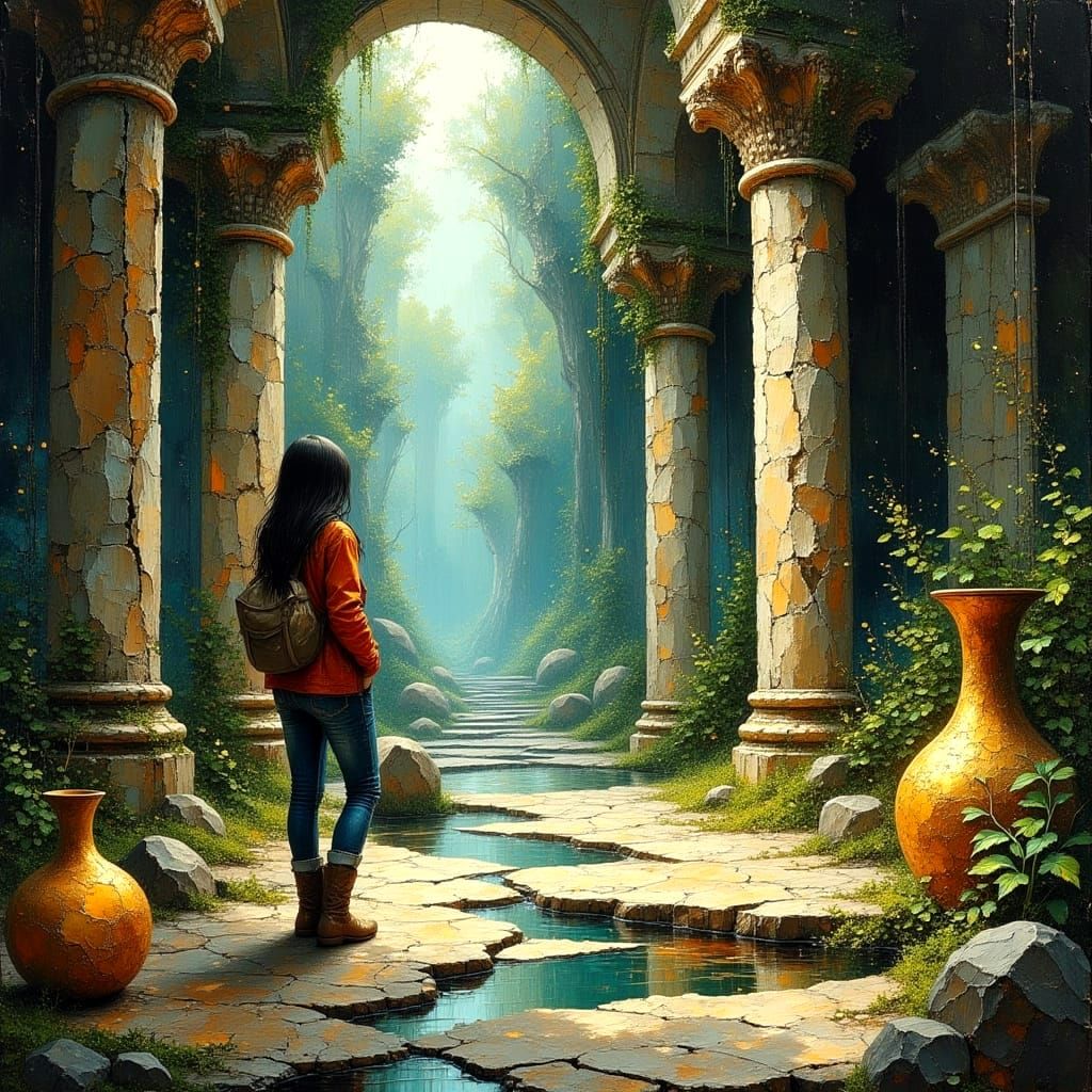 Girl Finds Atlantean Temple: Impasto Painting