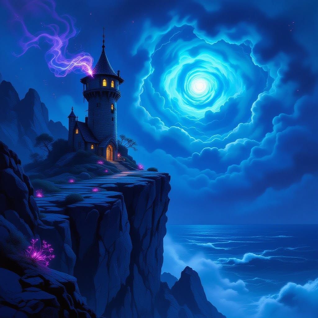Alchemist Tower on Obsidian Cliff Above Stormy Sea