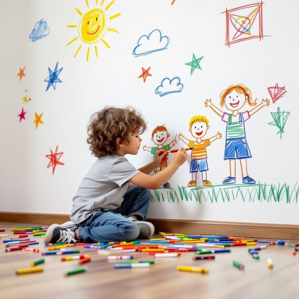 Child Creates Art on Wall with Crayons Scattered