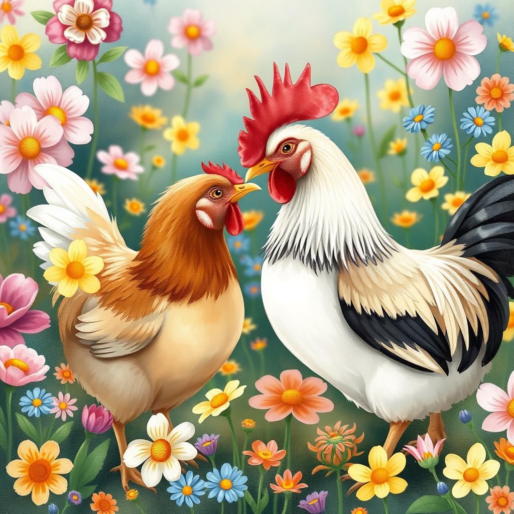 Chickens Kissing in a Whimsical Garden