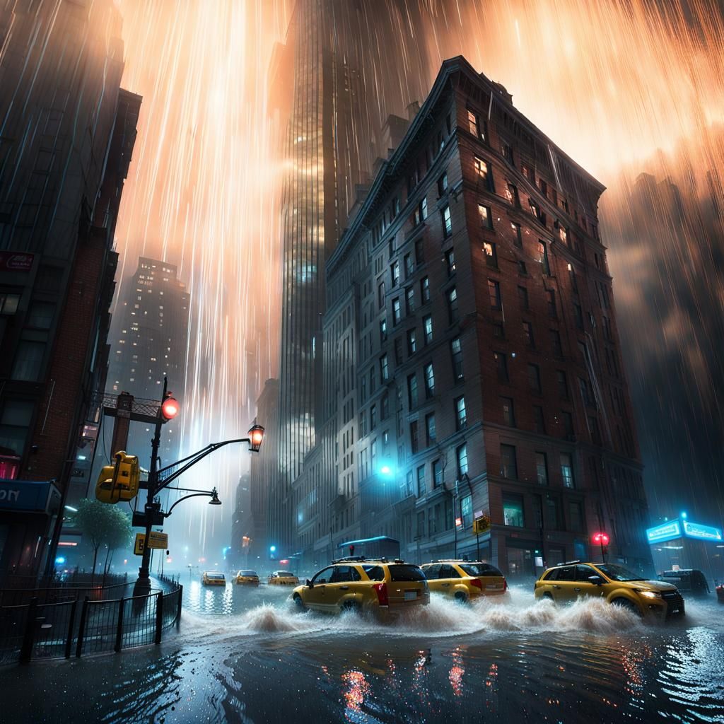 Flooded Manhattan in a Torrential Rainstorm