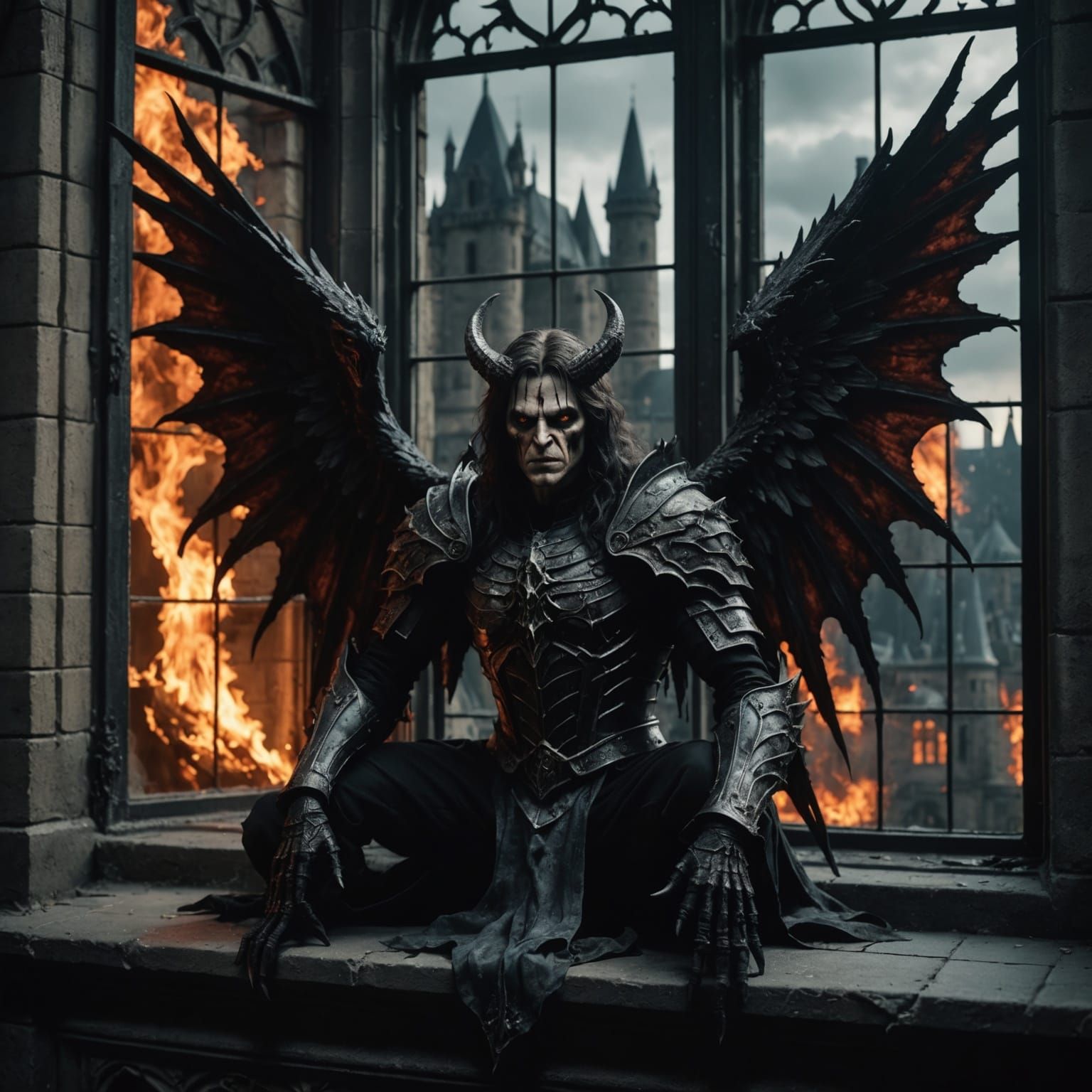 Gothic Horror Demonic Angel in Burning Castle