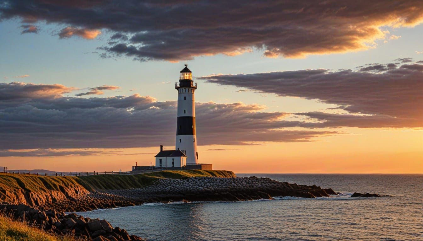 Moody Lighthouse at Sunset, Hyperrealistic HDR