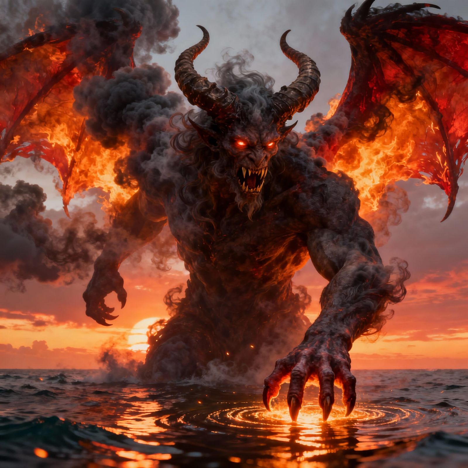 Fiery Demon Rises From Ocean At Sunset