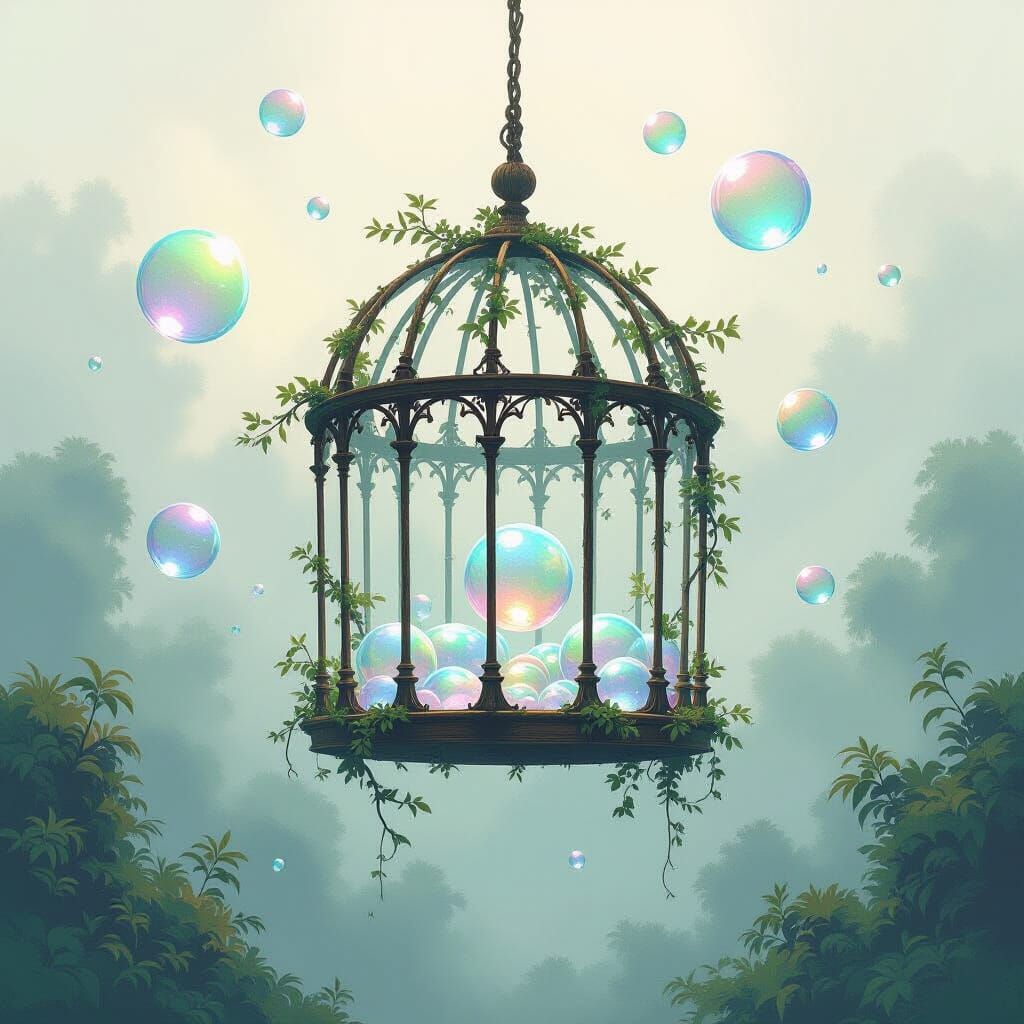 Surreal Birdcage With Memory Bubbles in Dreamlike Landscape