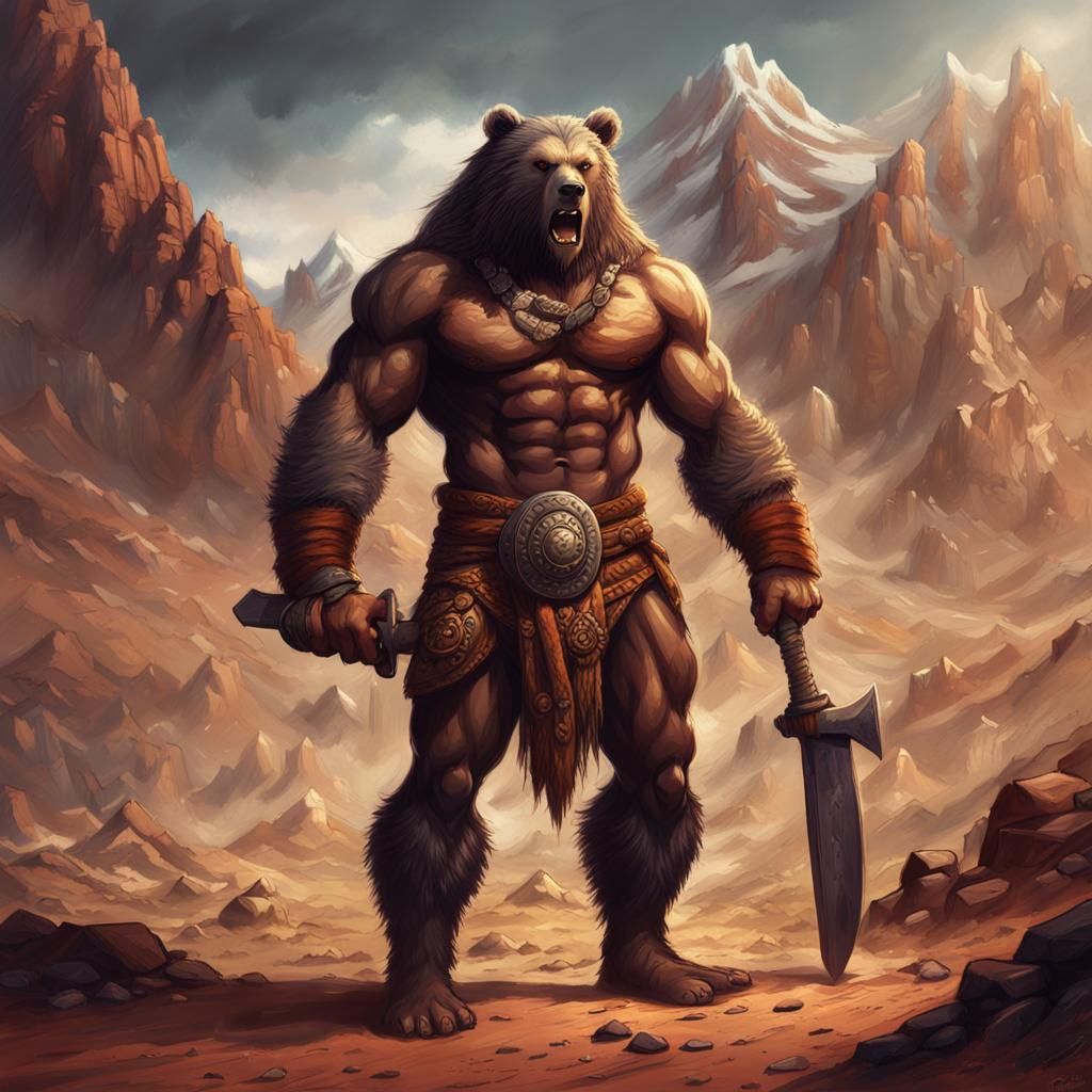 Furious Bear-Man in a Devastated Mountain Desert