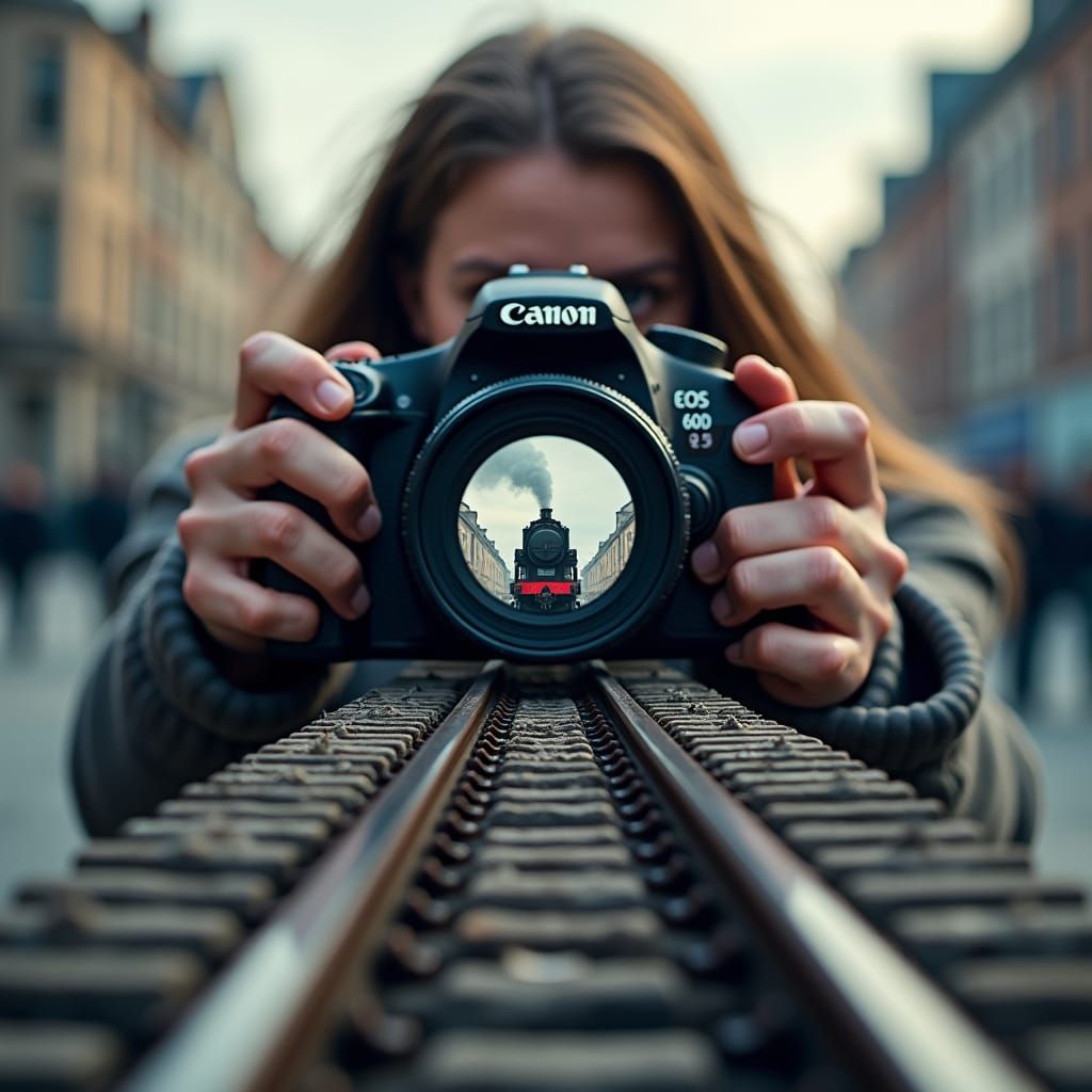 Surreal Train Tracks Emerging From Camera Lens