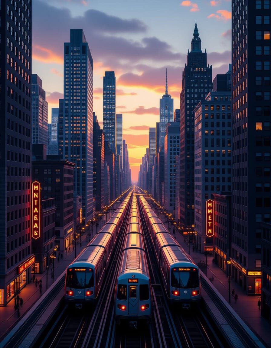 Hyperrealistic Cityscape at Dusk with Art Deco Skyscrapers