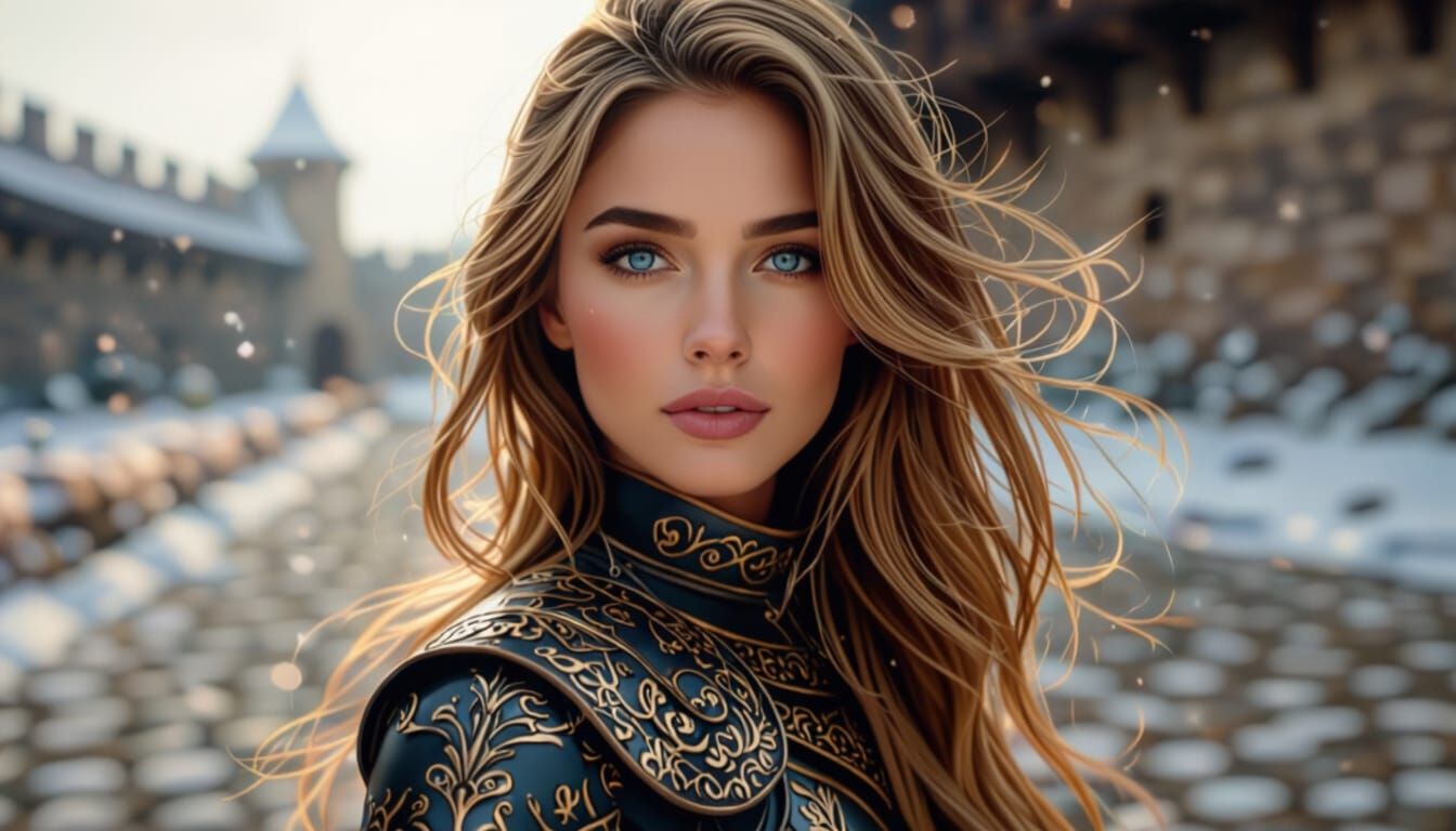 Female Knight in Gold Armor in Winter Castle