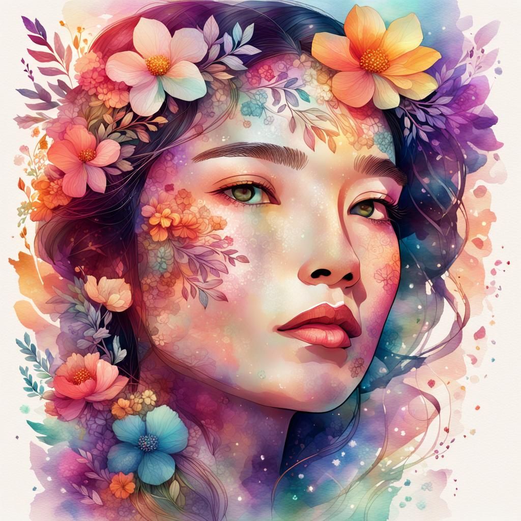 Floral Doodles Adorn Woman's Face in Fantasy Realism
