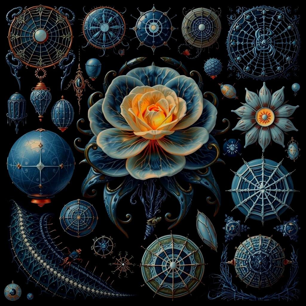 Bioluminescent Spider Silk Rose on Ornate Cushion