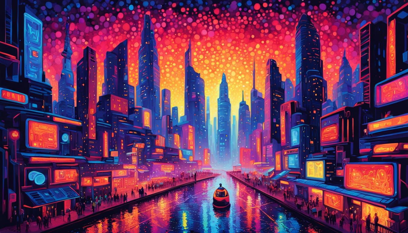 Vibrant Futuristic Cityscape in Pointillist Style