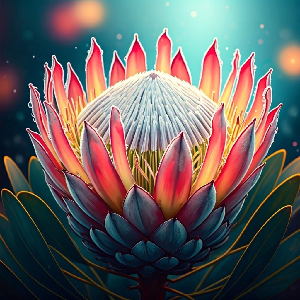 Mystical Raindrops on King Protea Petals in Ethereal Blues a...