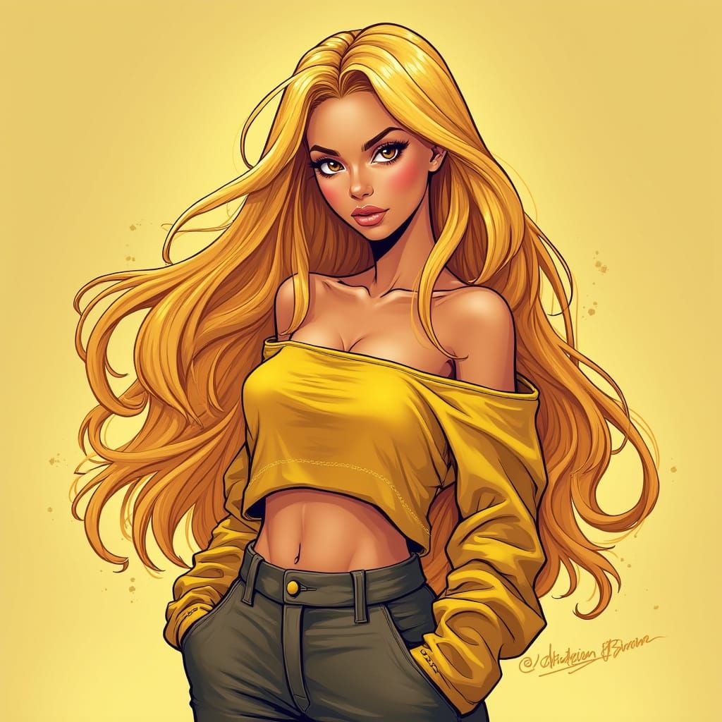 Woman with Gold Hair and Bronze Eyes in Comic Book Style