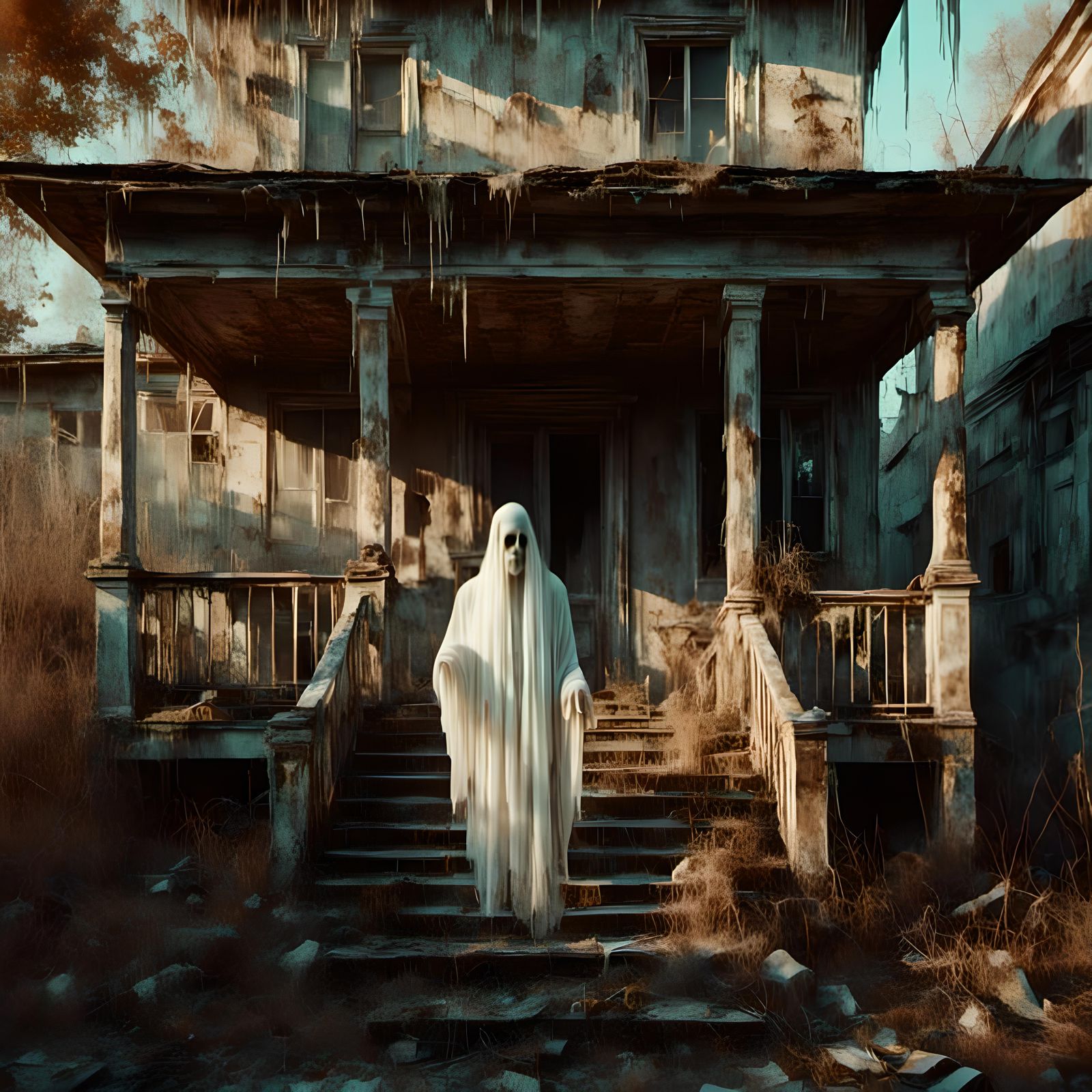 Weathered Porch of Abandoned House in Macabre Style