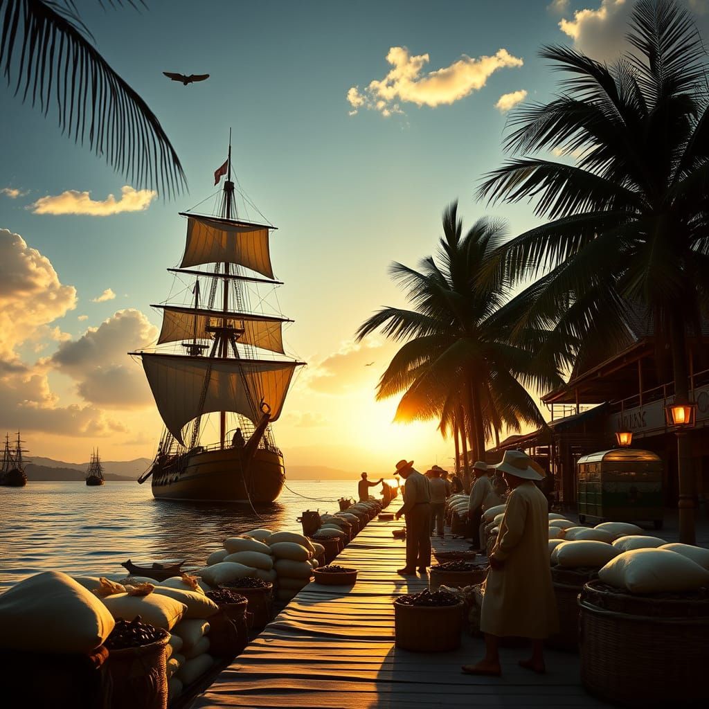 Dutch East India Ship in Indonesian Harbor at Sunrise